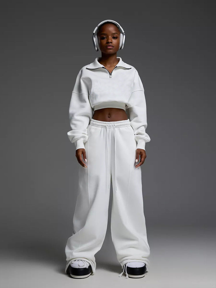 Damen lässiges Oversized Freizeit-Set mit cropped Pullover und weit geschnittenen Hosen Drune