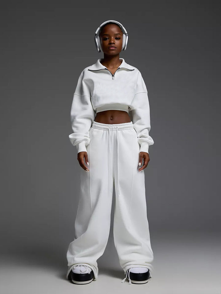 Damen Premium Sweat-Set mit kurzem Reißverschluss und weiter Hose Drune