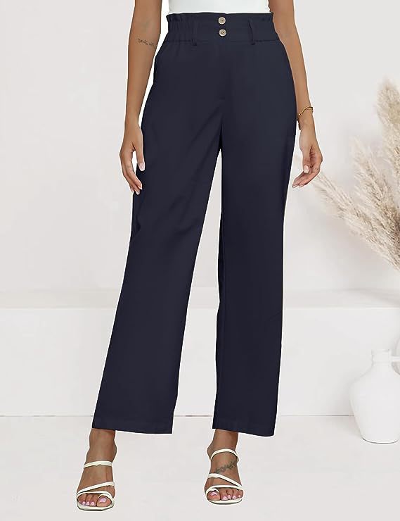 Damen weite Stoffhose mit elastischem Bund und modischen Knopfdetails Drune
