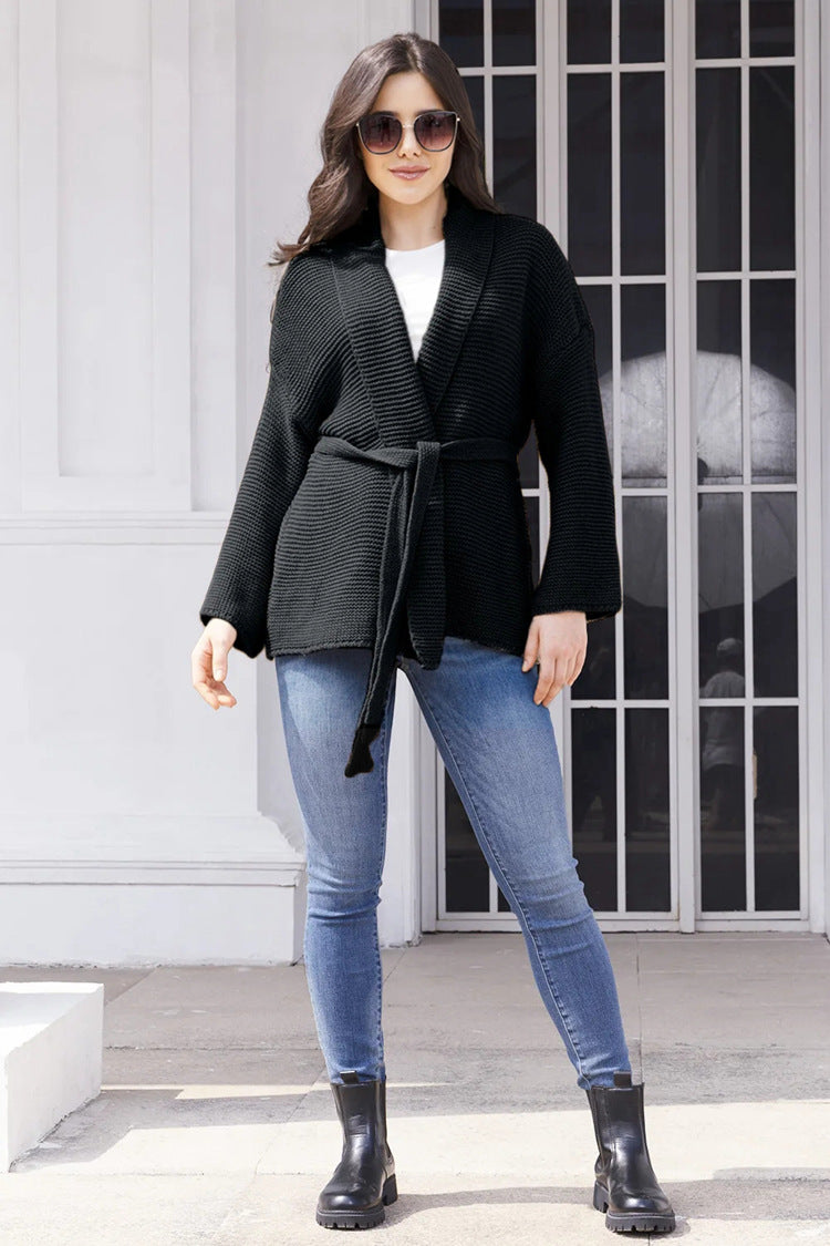 Damen Gemütlicher Strickcardigan mit Taillengürtel und weitem Schnitt Drune