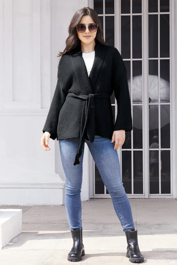 Damen Gemütlicher Strickcardigan mit Taillengürtel und weitem Schnitt Drune