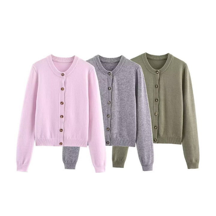 Damen modische Strickjacke mit Rundhalsausschnitt und Knopfdetails Drune