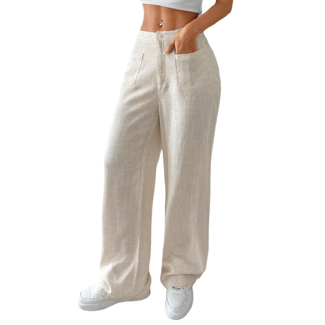 Damen Weit geschnittene Leinenhose mit elastischem Bund und praktischen Taschen Drune