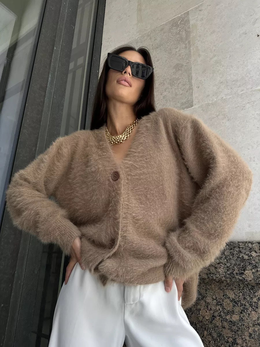 Damen kuscheliger Cardigan mit V-Ausschnitt und weichen Ärmeln Drune
