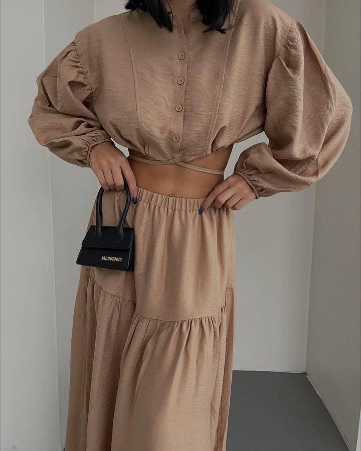 Damen Crop-Bluse mit Puffärmeln und Knopfdetails Drune