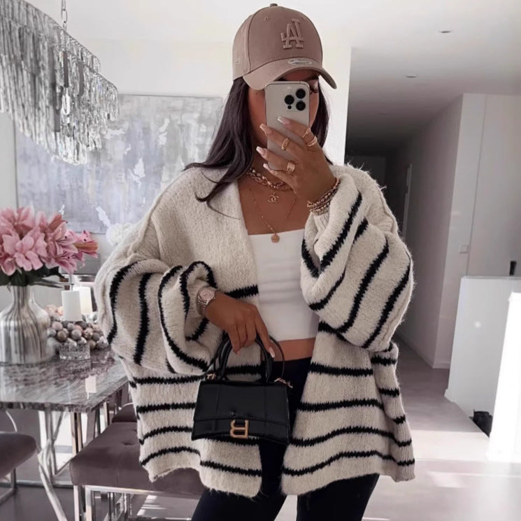 Damen Strickjacke mit voluminösen Ärmeln und modischen Streifen Drune
