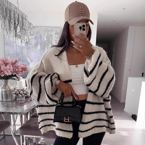 Damen Strickjacke mit voluminösen Ärmeln und modischen Streifen Drune