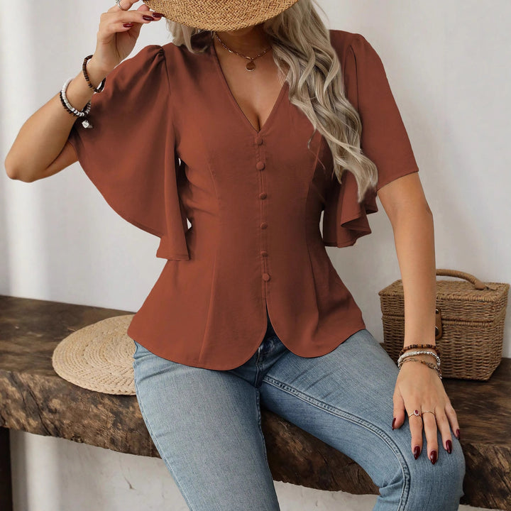 Damen elegante Bluse mit Glockenärmeln und Knopfdetail Drune