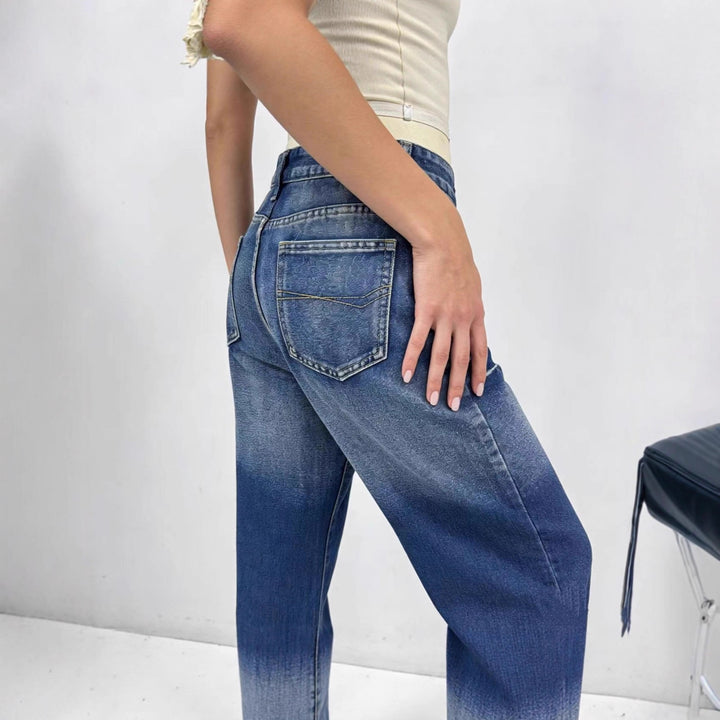 Damen weite hochgeschnittene Jeans mit besonderem Waschungseffekt Drune