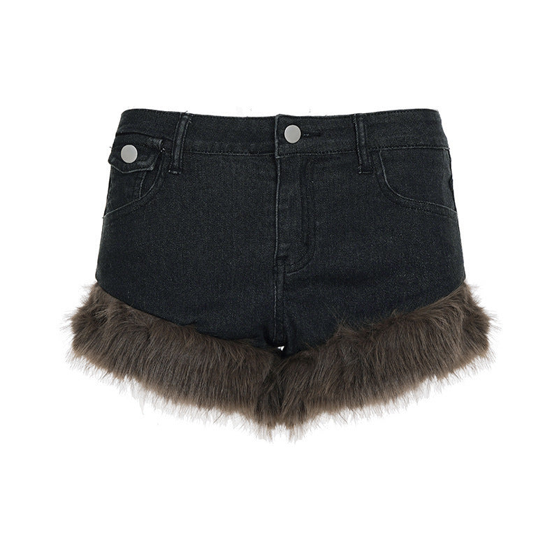 Damen Jeansshorts mit luxuriösem Kunstpelzsaum Drune