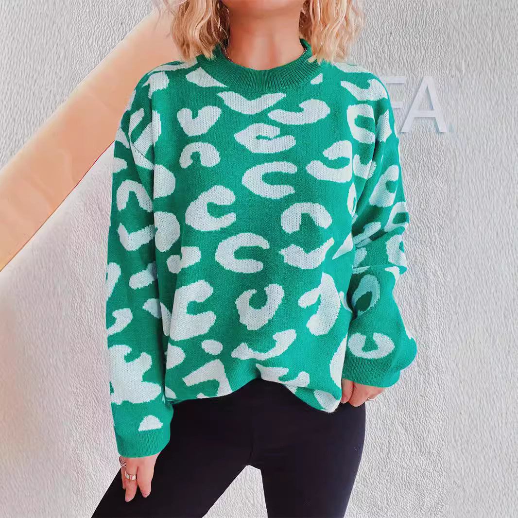 Damen gemütlicher Oversized-Pullover mit modernem Leopardenmuster und Rundhalsausschnitt Drune