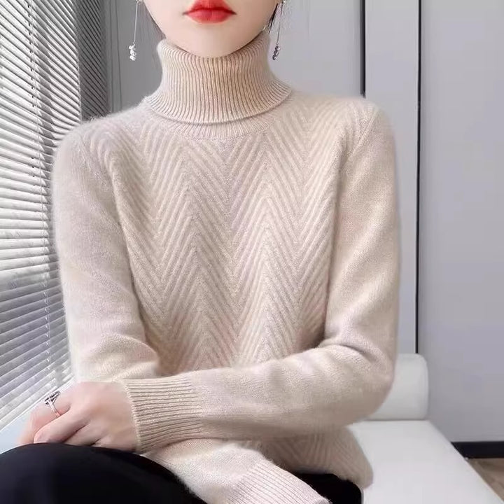 Damen eleganter Strickpullover mit Stehkragen und feiner Rippstruktur Drune