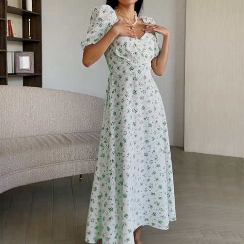 Damen Maxikleid mit Blumenmuster und voluminösen Ärmeln Drune