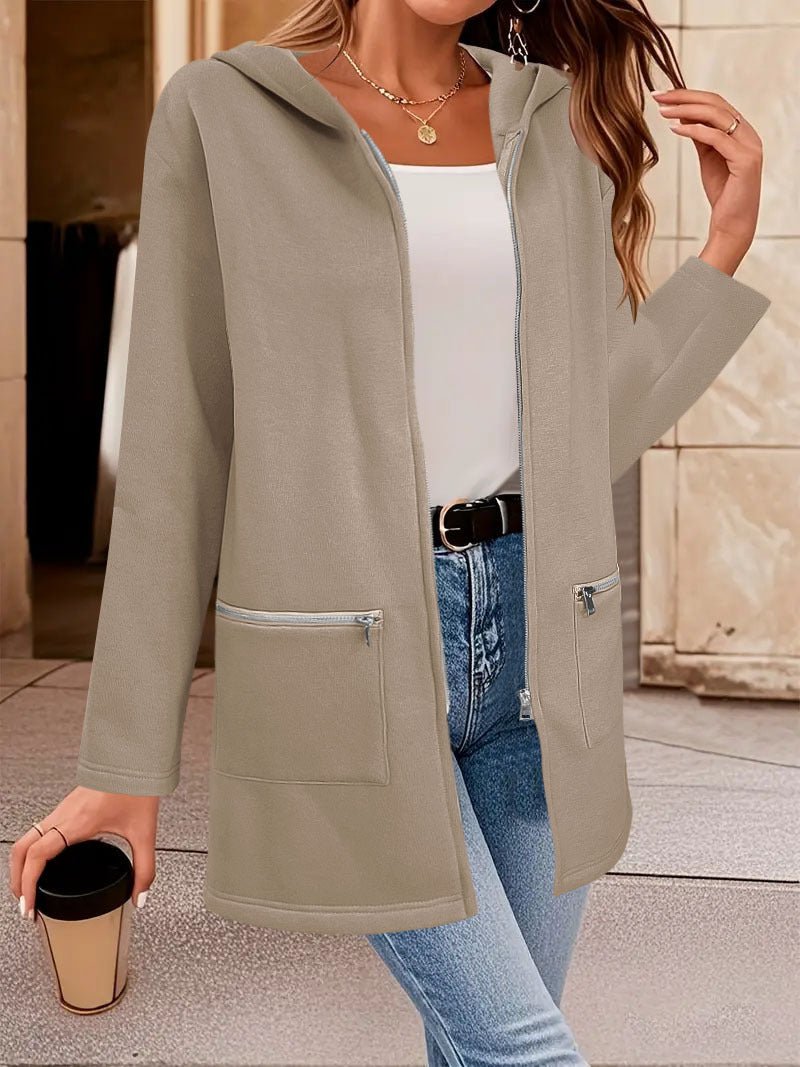 Damen Casual Overshirt mit Kapuze und praktischen Reißverschlusstaschen Drune
