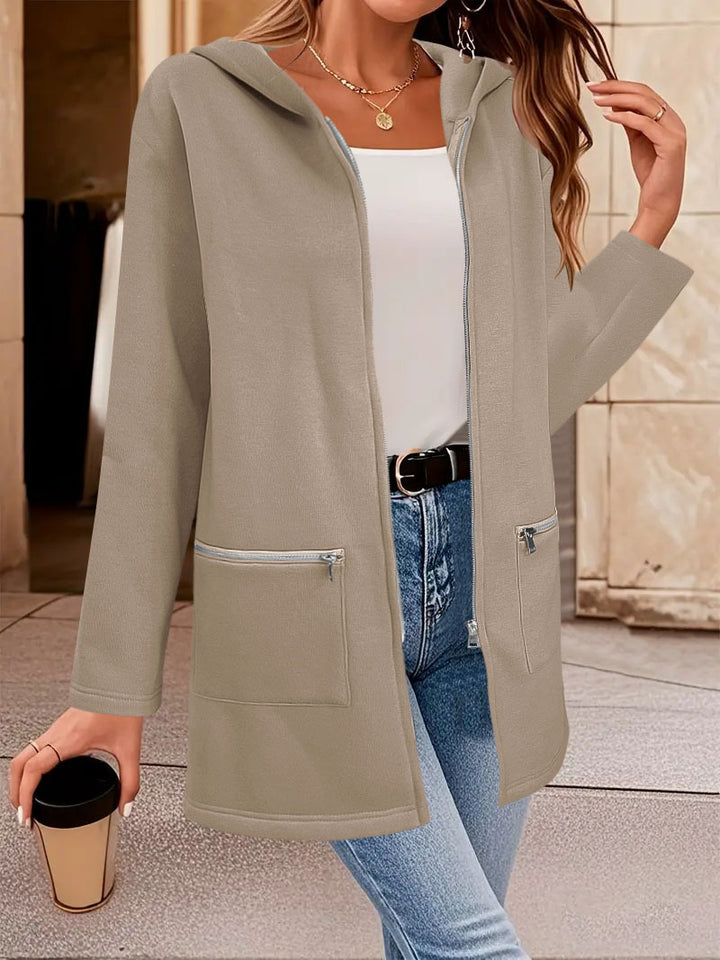 Damen Casual Overshirt mit Kapuze und praktischen Reißverschlusstaschen Drune