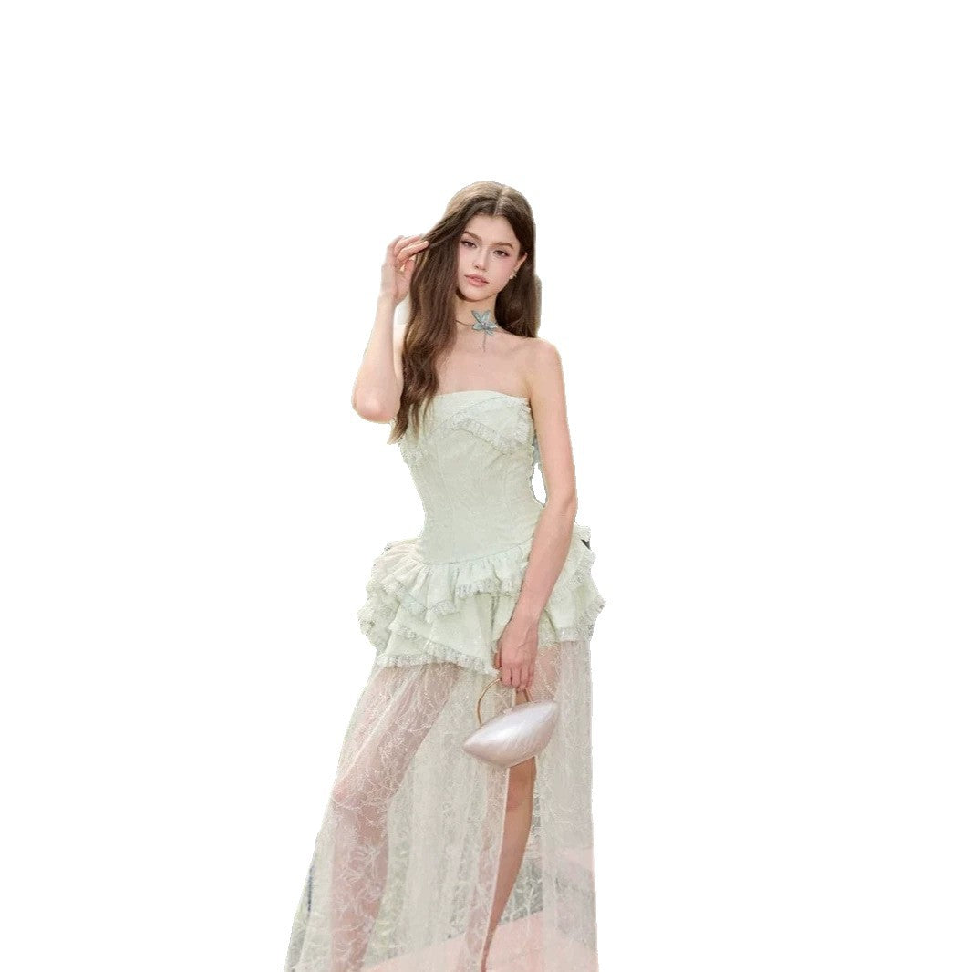 Damen Elegantes und luftiges Abendkleid mit Rüschendetails und transparentem Rock Drune
