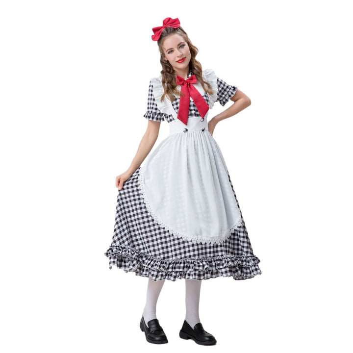 Damen nan Vintage-inspiriertes Karo-Swingkleid mit abnehmbarer Schürze, Rüschenärmeln und Schleifenkragen Drune