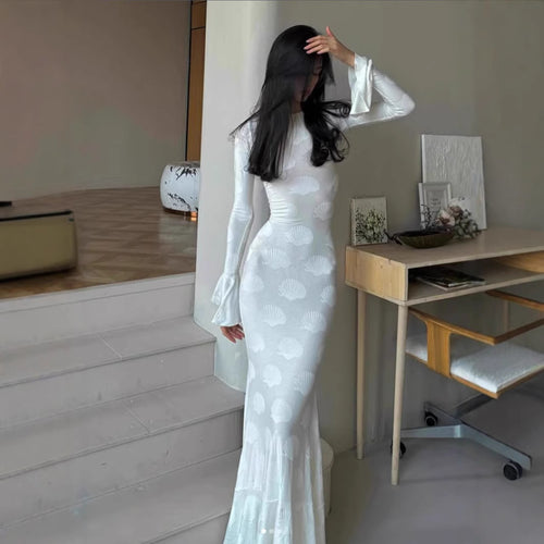 Damen figurbetontes Langkleid mit schickem Muschel-Design und elegantem Ärmelabschluss Drune