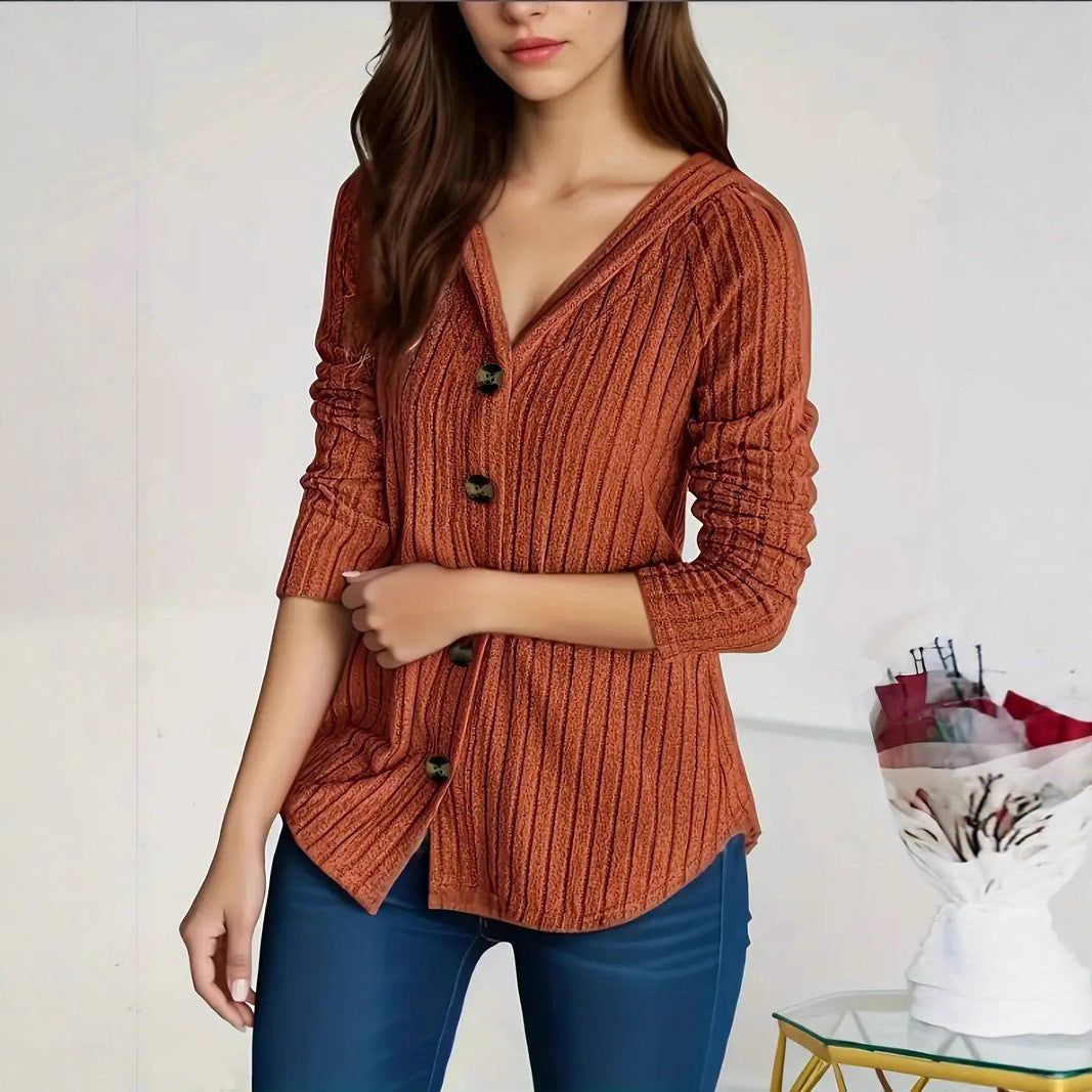 Damen nan kaschierender gerippter Strickcardigan mit V-Ausschnitt und dekorativen Knöpfen Drune