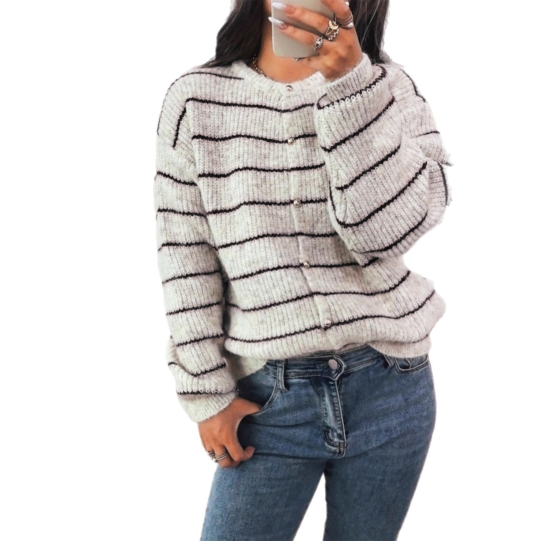Damen gemütlicher Strickcardigan mit dekorativen Knöpfen und feinem Streifenmuster Drune