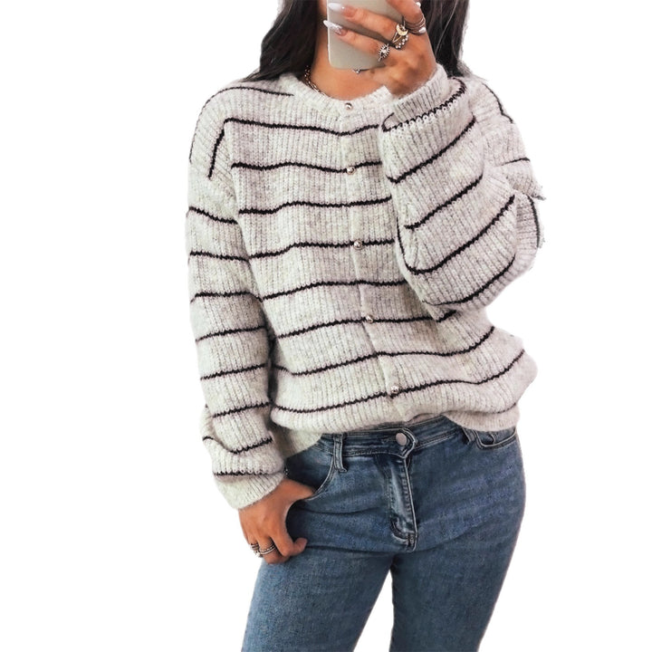 Damen gemütlicher Strickcardigan mit dekorativen Knöpfen und feinem Streifenmuster Drune