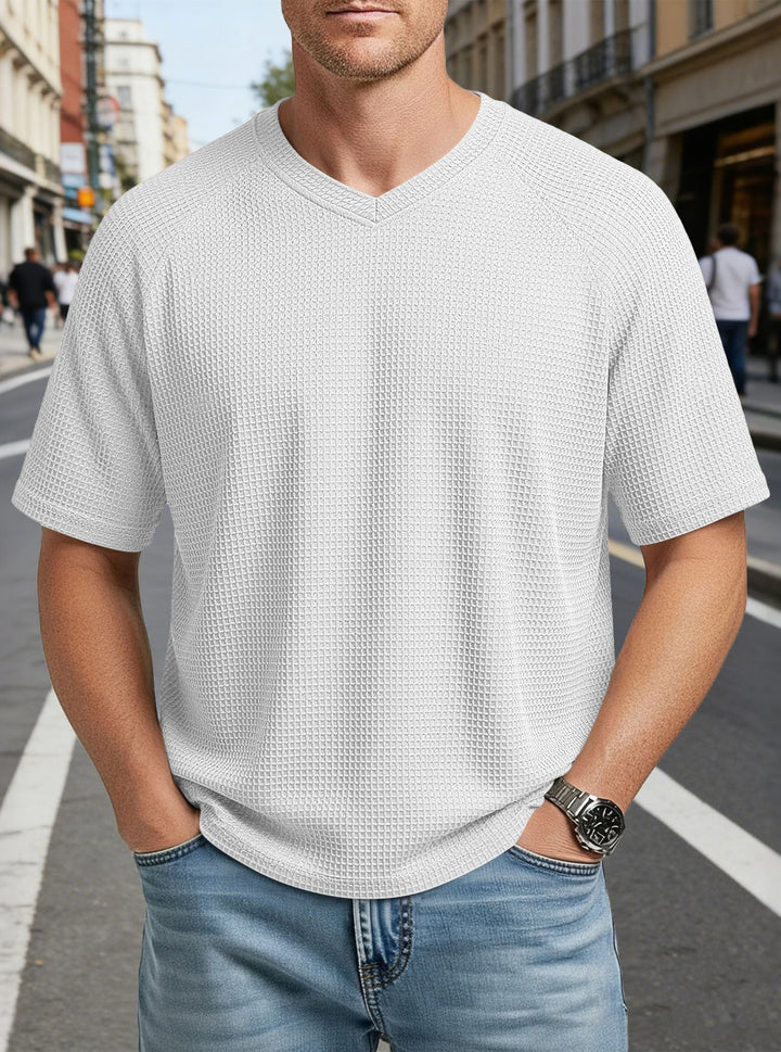 Herren nan lässiges V-Ausschnitt Waffelstrick-T-Shirt aus atmungsaktivem Baumwollmix Drune