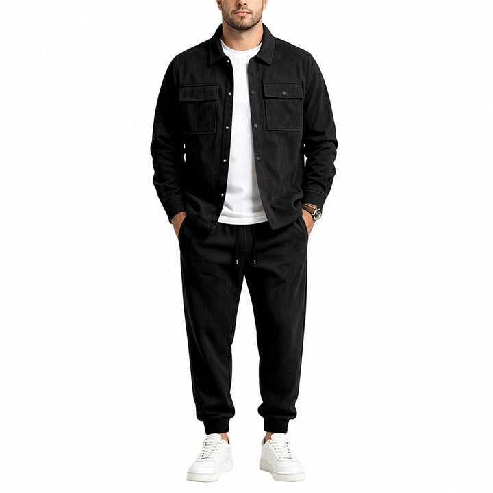 Herren nan Velours-Lounge-Set mit Overshirt, aufgesetzten Brusttaschen und tapered Jogginghose Drune