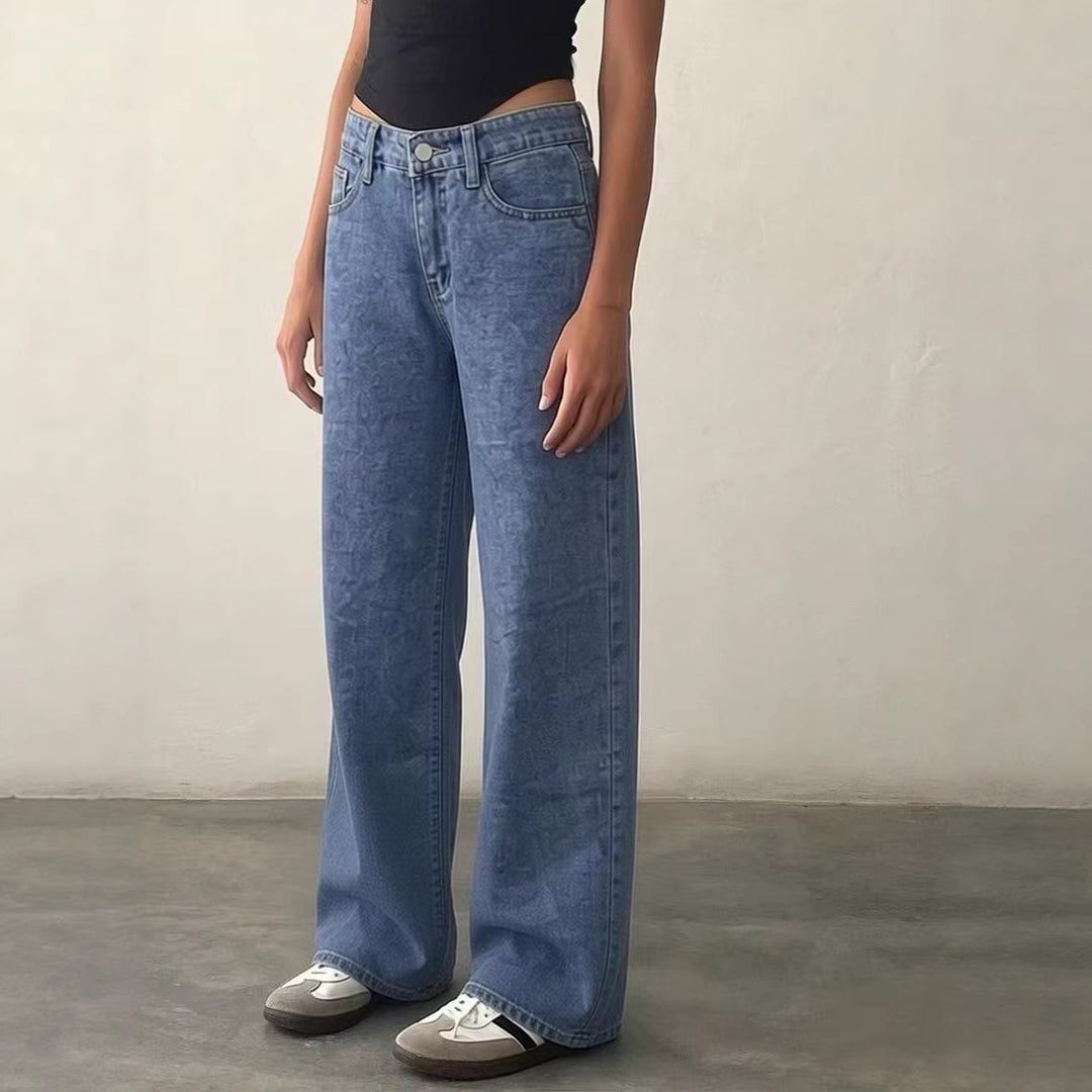 Damen Weite High-Waist Jeans mit klassischem Schnitt und ausgefransten Säumen Drune