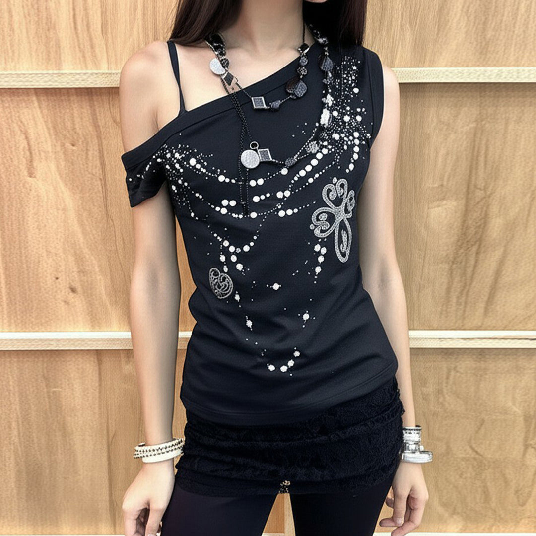 Damen asymmetrisches Tanktop mit stylischem Druck und verzierten Applikationen Drune