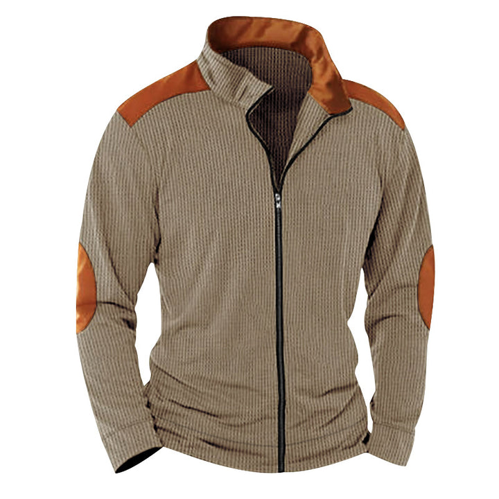Herren nan strukturierte Strick‑Hybridjacke mit Stehkragen Kontrasteinsätzen und Ellbogenpatches Drune