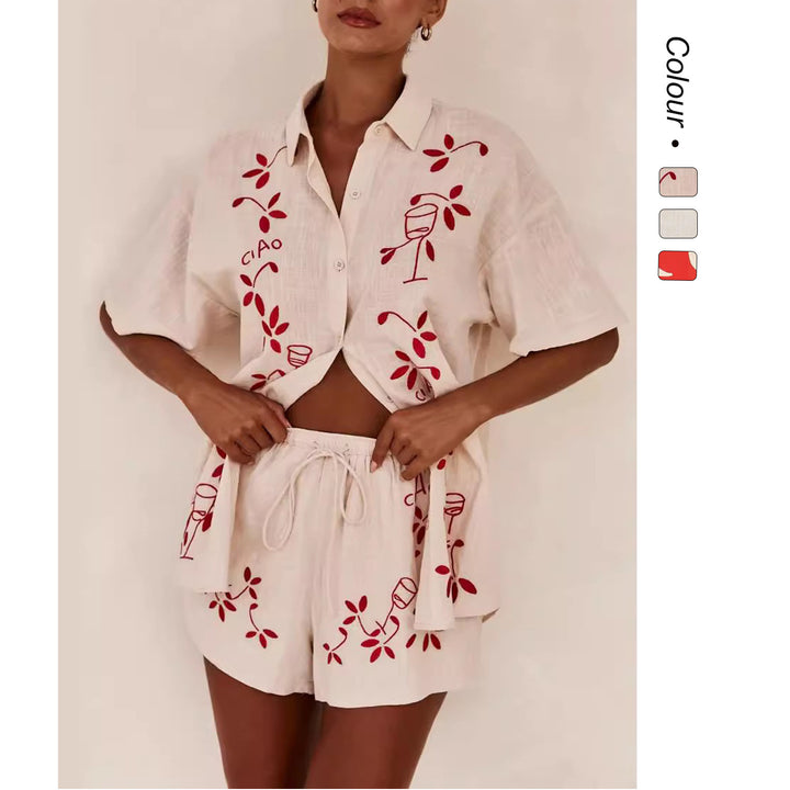 Damen Luftiges Kurzarmhemd und Shorts Set mit floralem Stickdesign Drune