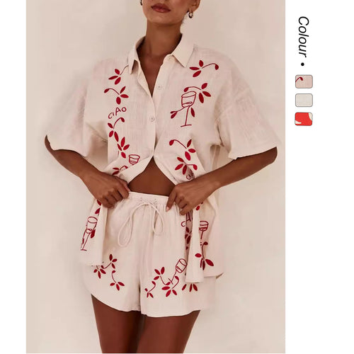 Damen Luftiges Kurzarmhemd und Shorts Set mit floralem Stickdesign Drune