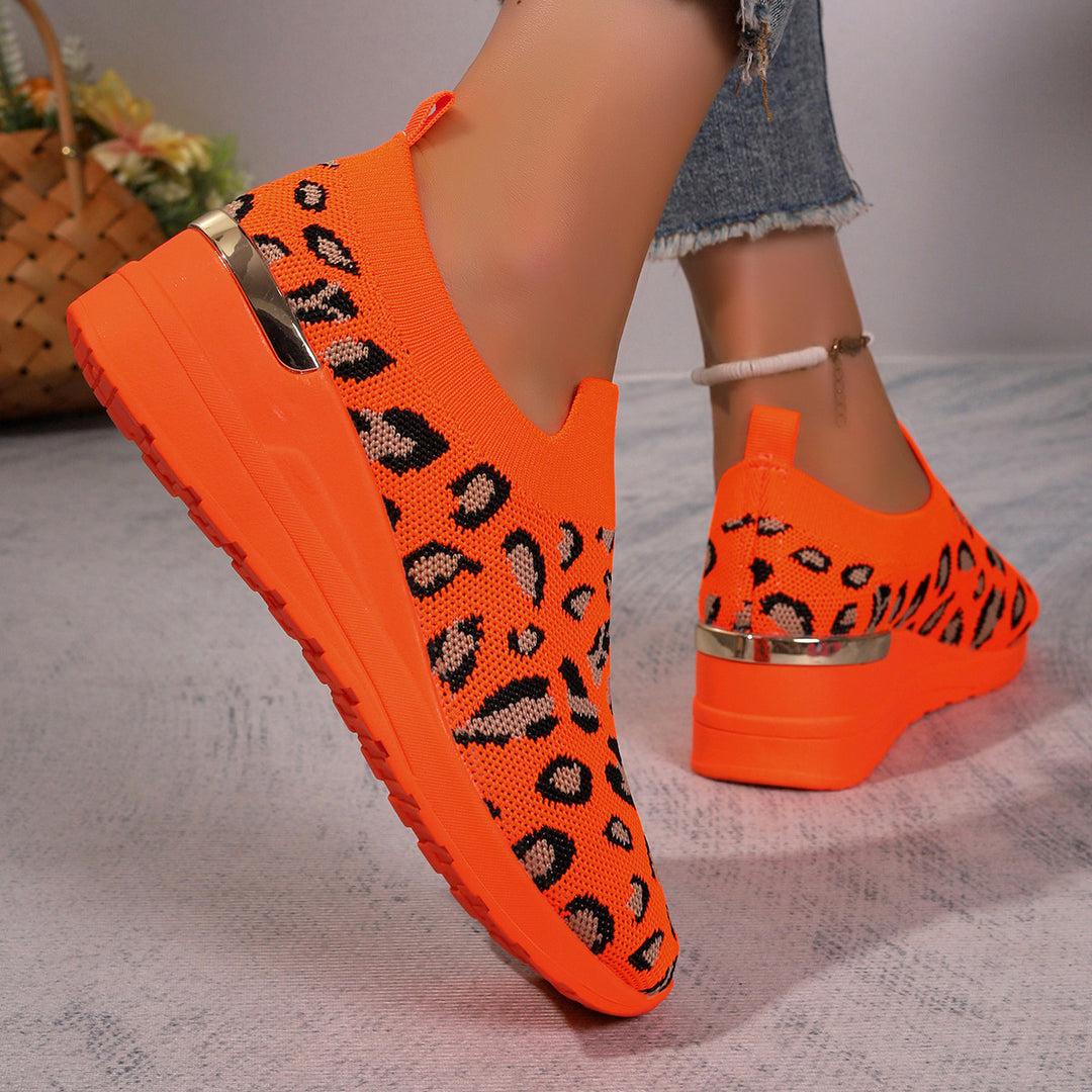 Damen  Sock-Sneaker mit elastischem Strickoberteil Leopardmuster und keilprofilsohle Drune