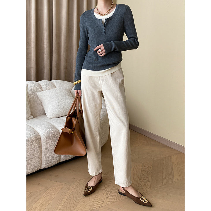 Damen Langarmshirt mit Knopfdetails und modischem V-Ausschnitt Drune