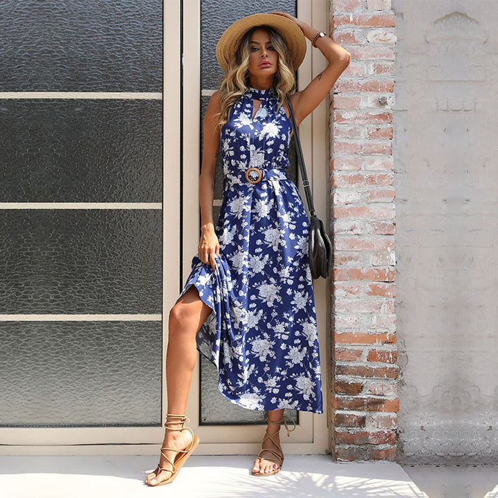 Damen Maxi-Kleid mit elegantem Blumenmuster und modischem Taillengürtel Drune