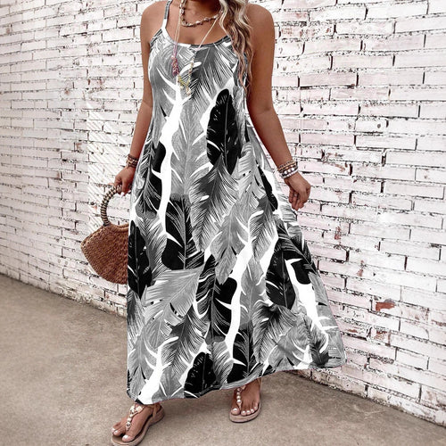 Damen Maxikleid mit aufregendem Blattmuster und schmalen Trägern Drune