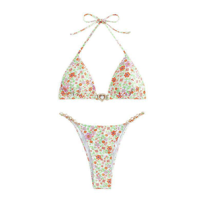 Damen Triangel-Bikini mit dekorativen Kettendetails und floralen Akzenten Drune