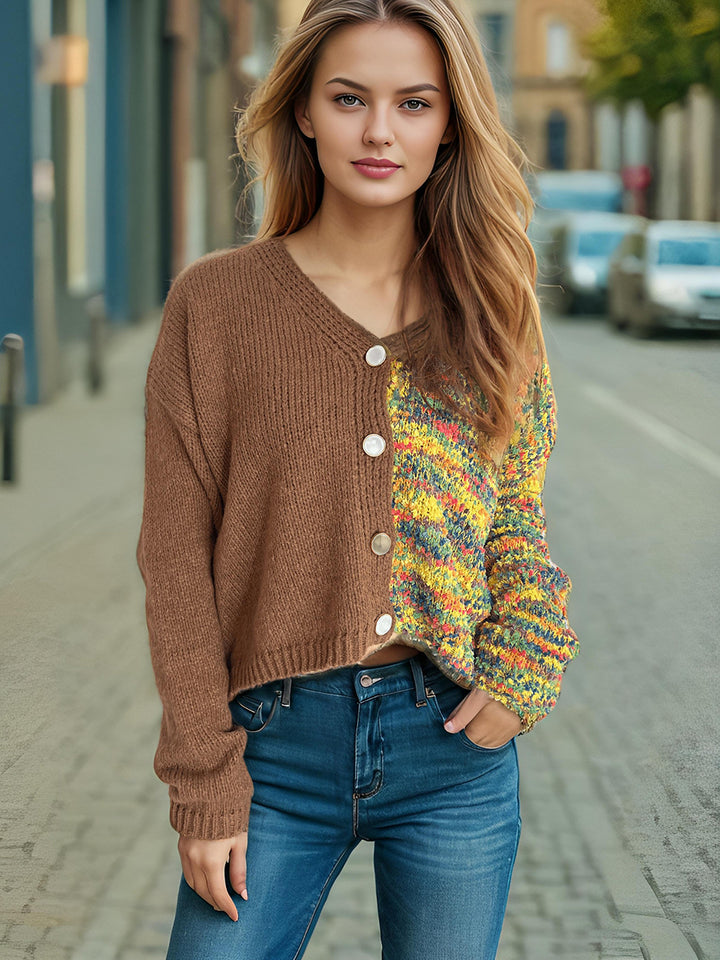Damen lässige Strickjacke mit farbenfrohen Akzenten und Knopfdetails Drune