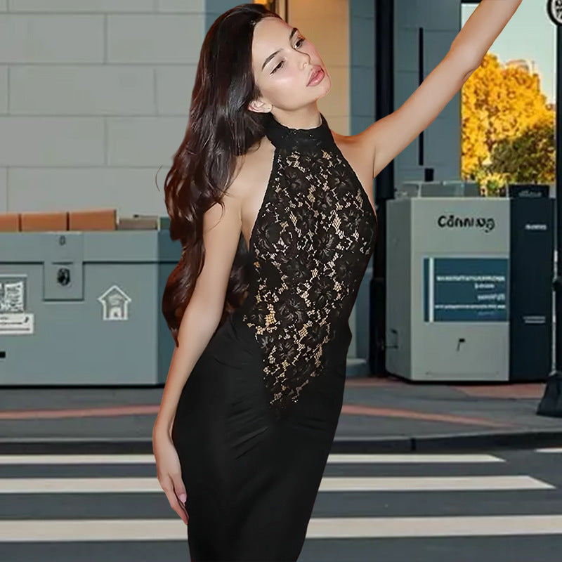 Damen Elegantes Spitzen-Maxikleid mit tiefem V-Ausschnitt und figurbetontem Schnitt Drune