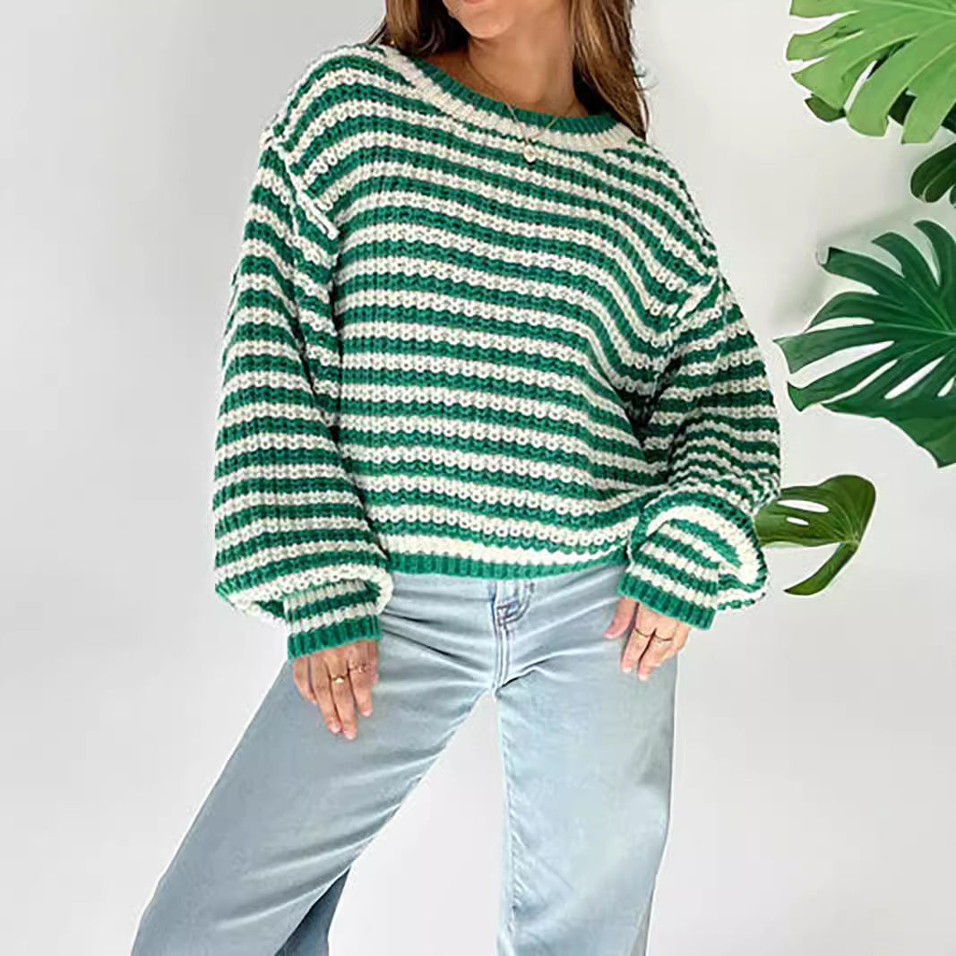 Damen Cropped Strickpullover mit weit ausgestellten Ärmeln und Streifenmuster Drune