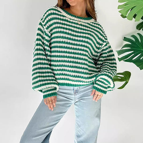 Damen Cropped Strickpullover mit weit ausgestellten Ärmeln und Streifenmuster Drune