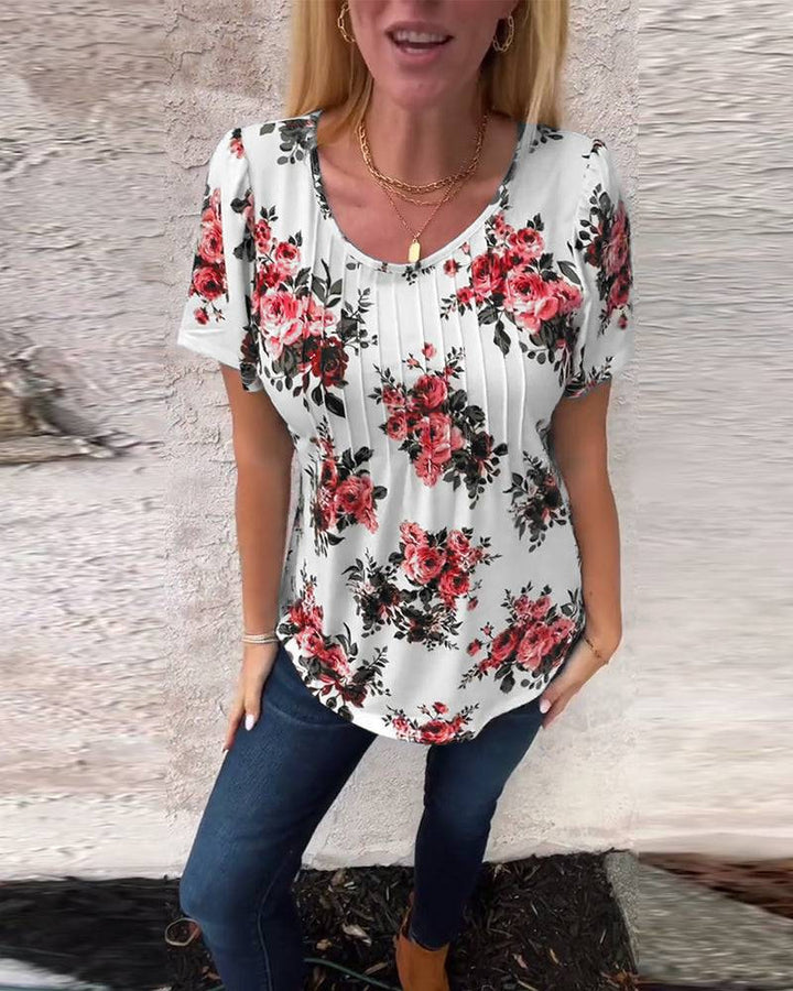 Damen nan Kurzarmbluse mit Kellerfalten, Rundhalsausschnitt und floralem Allover-Print Drune