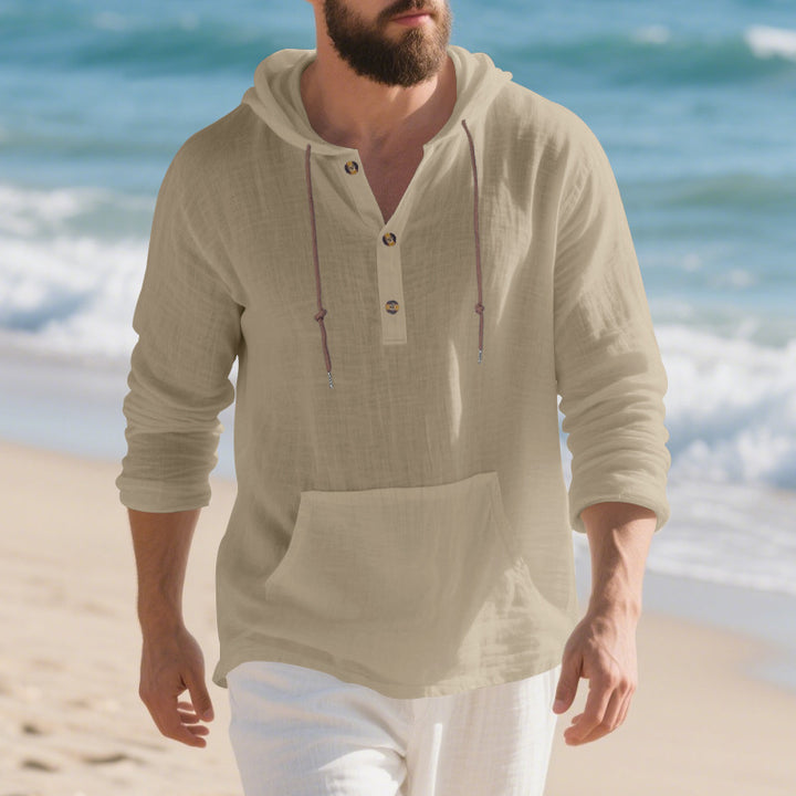 Herren nan leichtes Leinen-Henley-Kapuzenoberteil mit Kängurutasche und lässigem Relax-Fit Drune