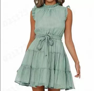 Damen Halbarmkleid mit Rüschendetails und Taillenknoten Drune