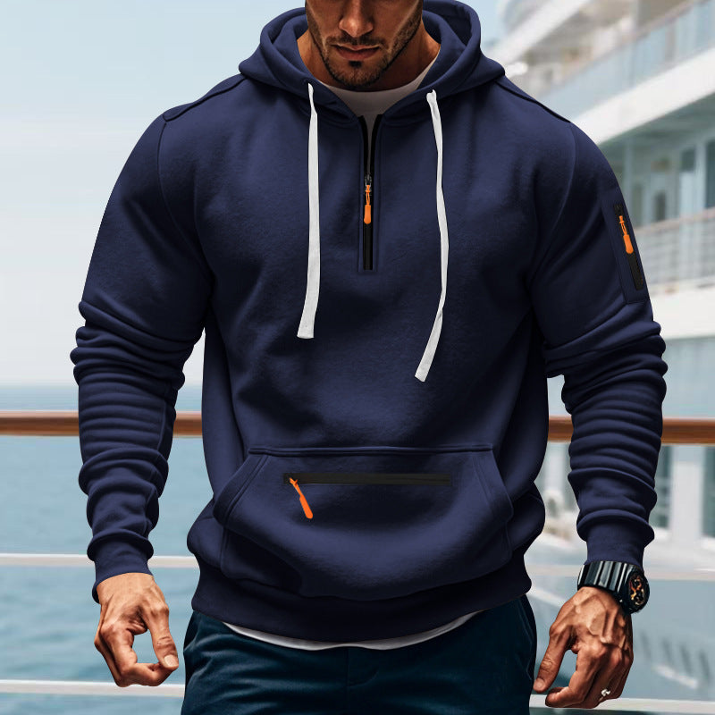 Herren nan technischer Halbzip-Outdoor-Hoodie mit verdeckter Kängurutasche, Reißverschluss-Ärmeltasche und integriertem Kabelkanal Drune