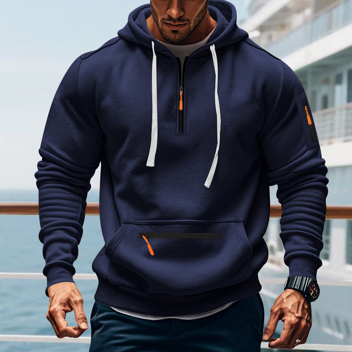 Herren nan technischer Halbzip-Outdoor-Hoodie mit verdeckter Kängurutasche, Reißverschluss-Ärmeltasche und integriertem Kabelkanal Drune