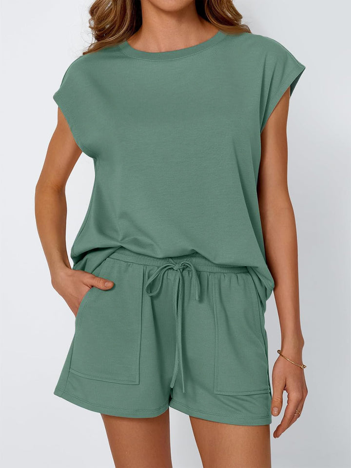 Damen lässiges Sommer-Set aus Oberteil und Shorts mit Kordelzug Drune