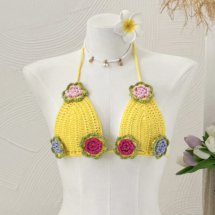 Damen Häkel-Bikini-Oberteil mit floralen Akzenten und verstellbaren Trägern Drune