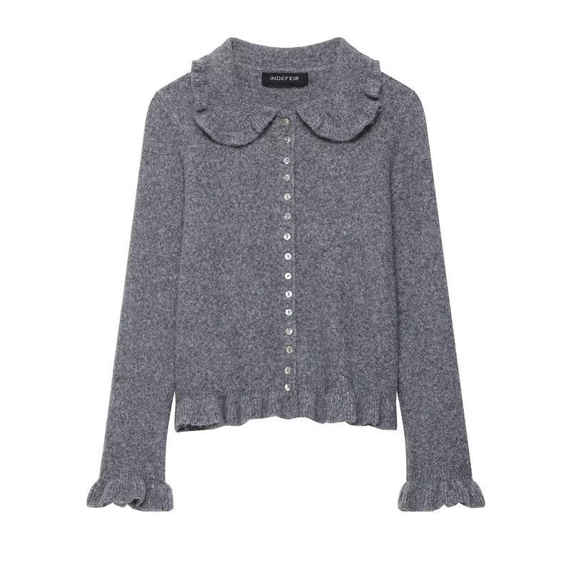 Damen Strickjacke mit dekorativem Kragen und Rüschendetails Drune