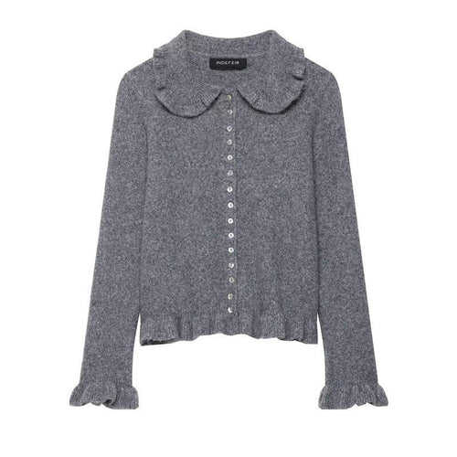 Damen Strickjacke mit dekorativem Kragen und Rüschendetails Drune